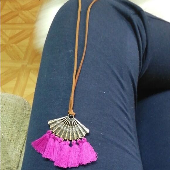 Fun Long Pink Tassel Necklace w/ Brown Cord - Picture 4 of 7
